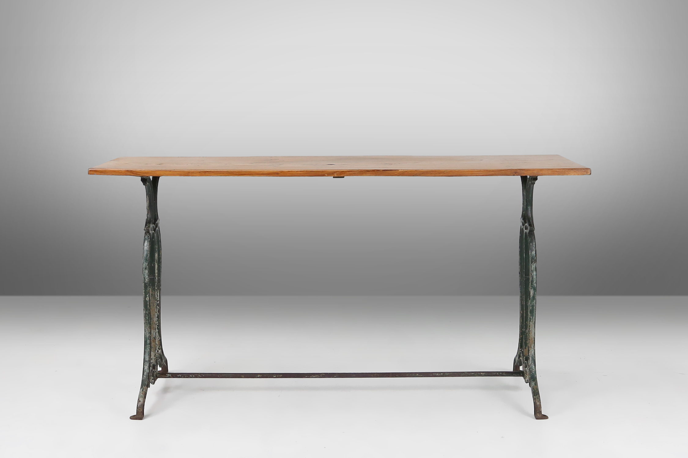 French bistro table with elegant metal base and oak top, ca. 1890thumbnail